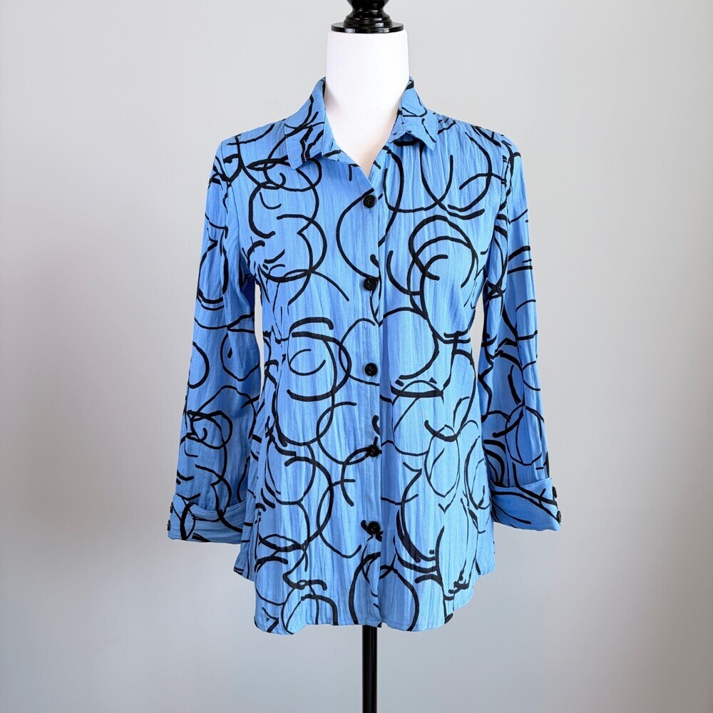 Habitat Blouse Button Down Gauze Artsy Gallery Chic Bold Blue Black Size XS